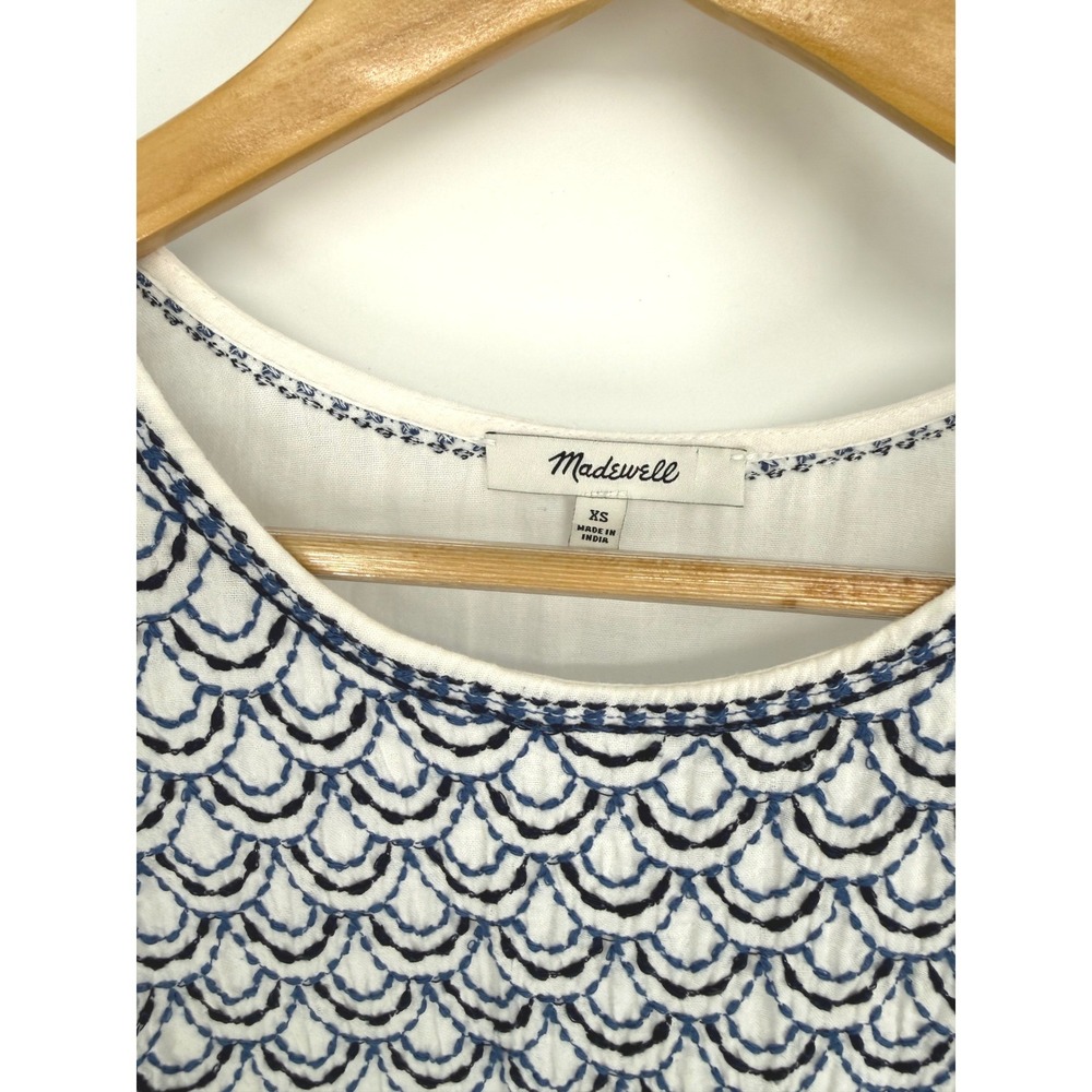 Madewell White Blue Embroidered Pom Pom Hem Boho Blouse XS F2131 Coastal Summer - Picture 5 of 10